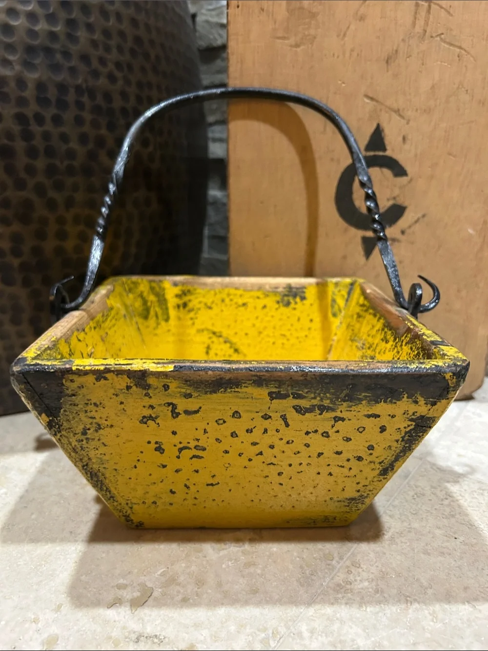 antique Chinese yellow lacquer rice measure bucket